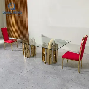 QIANCHENG design italiano casa di lusso fornitore di mobili in cina specchio centro tavoli da pranzo set tavolo da pranzo in vetro in fibra di vetro