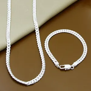 2 pièces 5/6MM Full Sideways 925 Sterling Silver Plated Necklace Bracelet Fashion Jewelry For Women Men Link Chain Sets