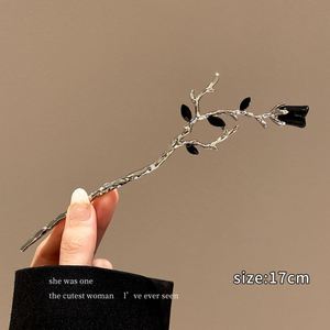 Épingles à cheveux vintage en forme de rose avec pompon, accessoires pour femmes, épingles à cheveux noires et rouges, bâtonnets à cheveux, bijoux pour coiffure - Product Image 5