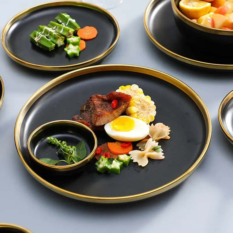 Ceramic Glaze Plates Porcelain Dinner Set With Gold Edge