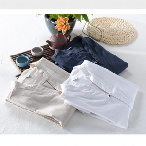 Camisa de Manga Larga con Cuello en V para Hombre, Color Blanco, Caqui, Azul Oscuro, Informal de Verano, Camisa de <span class=keywords><strong>Lino</strong></span> <span class=keywords><strong>Puro</strong></span> para Hombre, Diseño Masculino, Camisa Vintage de Otoño - Product Image 3