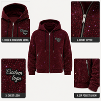 Blouson court oversize à capuche zippé intégral, motif léopard gaufré dégradé avec strass, style streetwear, fabrication OEM, marque personnalisée