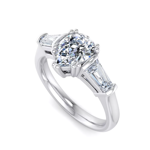 custom Timeless Vintage Three Stone Engagement <b>Ring</b>, Solid 18K White Gold Pear Cut Lab Diamond with Tapered Baguette Accents - Product Image 3