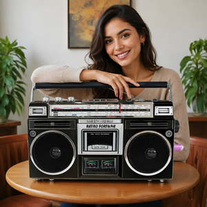 Radio portable rétro Fortune avec haut-parleurs stéréo au design moderne, FM/AM/SW, deux ampèremètres, lecteur/enregistreur de cassettes vintage - Product Image 4