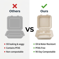 3-delige suikerrietbagasse clamshell voedselbox, biologisch afbreekbaar, composteerbaar, voor afhaalmaaltijden, picknick en kamperen