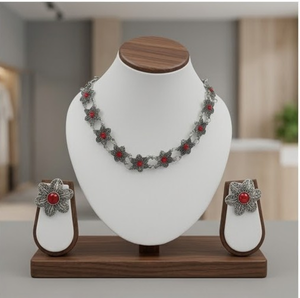 Handcrafted Red Floral Oxydized <b>Silver</b> <b>Choker</b> Set for Women Traditional Ethnic Statement Jewelry Wedding Party Accessories - Product Image 1