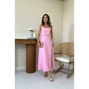 Robe de cocktail longue en satin rose à ceinture, vente en gros - Product Image 4