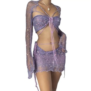 Yaz Y2K tığ kadın 3-Piece kıyafet seti katı desen uzun kollu kırpma üst seksi Mini etek Halter gece elbisesi - Product Image 1