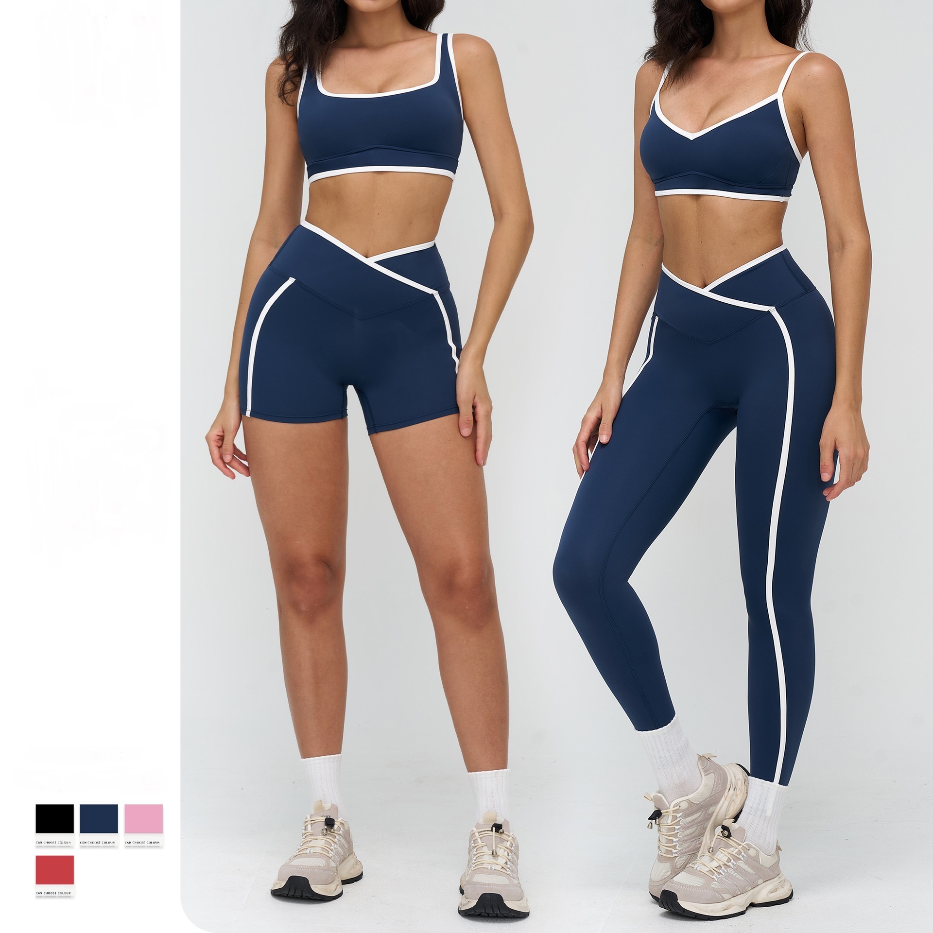 Color Blocked V Cut Waist Two Piece Workout Set Custom Logo Butt Lift Sportswear Women Gym Fitness Yoga Wear