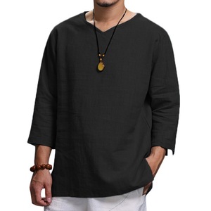 Nuova <span class=keywords><strong>T</strong></span>-<span class=keywords><strong>shirt</strong></span> da <span class=keywords><strong>Uomo</strong></span> in Cotone e Lino a Maniche Lunghe con <span class=keywords><strong>Scollo</strong></span> a <span class=keywords><strong>V</strong></span>, Design Oversize Tinta Unita, Casual per Vacanze e Street Style - Product Image 2