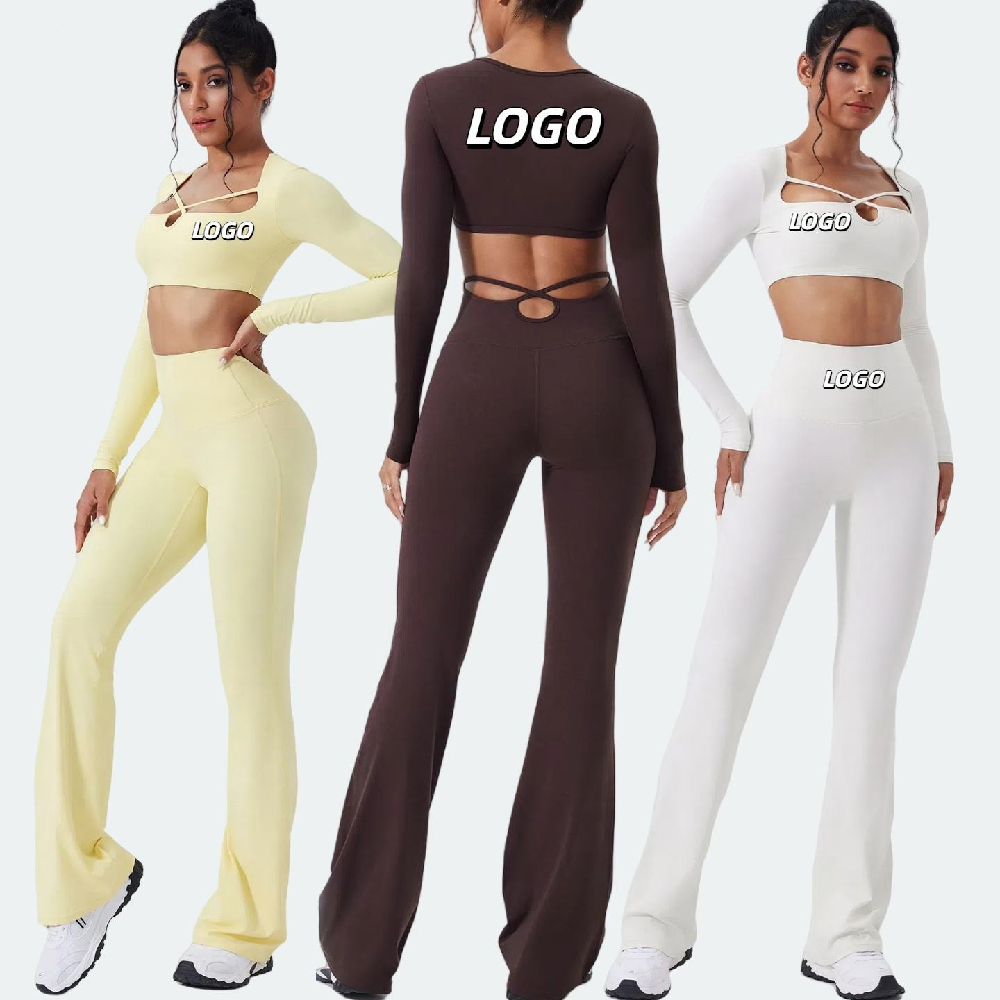 New Design Women 2 Pieces Long Sleeve Top Yoga Set Slim Fit Running Sportswear Breathable Workout Clothes Gym Fitness Sets
