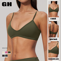 Soutien-gorge de sport pour femme GH, couleur unie, décolleté en V profond, en nylon et élasthanne, respirant, séchage rapide, dos torsadé, avec coussinets amovibles