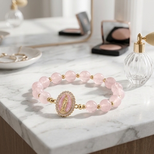 Bracelet fait main en or 18 carats plaqué or, quartz rose, Vierge <span class=keywords><strong>Marie</strong></span>, micro-pavé CZ, médaille religieuse pour femmes, bijoux spirituels - Product Image 1