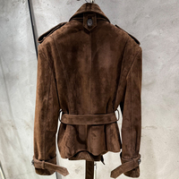 Veste vintage pour femme en véritable peau de mouton, double boutonnage, en cuir véritable, avec ceinture ajustable, coupe ajustée, pour l'automne