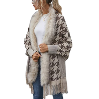 Manteau personnalisé pour femmes d'automne Cardigans Pulls Motif pied-de-poule Long col en fourrure Gland Pull décontracté Cardigan en tricot