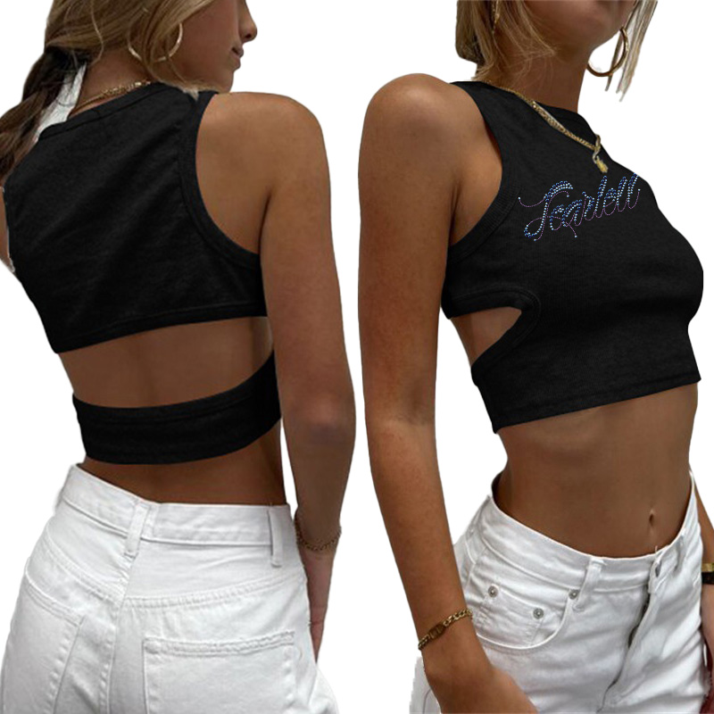 Wholesale Custom Summer Fashion Women Sexy Bodycon Black Printing Knit Ribbed Crop Tank Tops
