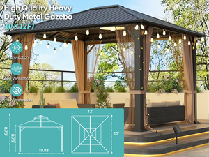 Gazebo en métal à toit rigide 10x12, pergola robuste avec moustiquaires et acier galvanisé, auvent extérieur pour jardin, patio, cour - Product Image 5