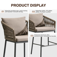 Ensemble de table et chaises de bar minimalistes en corde tressée pour l'extérieur, 6 places, avec structure en aluminium, pour patio, jardin, salle à manger commerciale