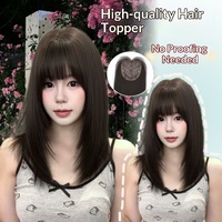 Perruque synthétique mi-longue brune élégante avec frange aérienne, effet naturel et volumineux, résistante à la chaleur, couvrant toute la tête