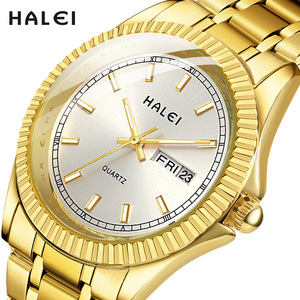 Envío Directo HALEI Reloj de Cuarzo Dorado para Hombre, Esfera Redonda, Correa de Acero Inoxidable, Doble Calendario, Movimiento Japonés, Venta al por Mayor - Product Image 1