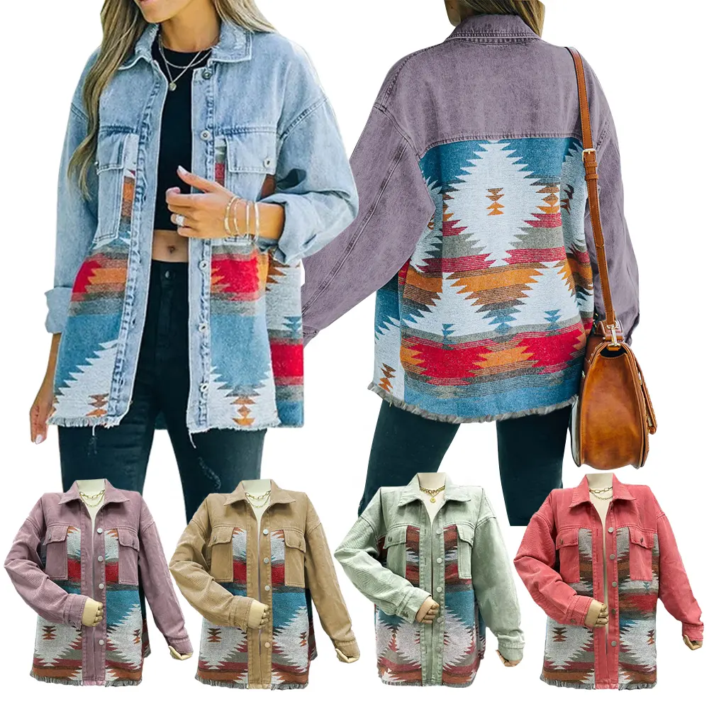 Western Custom Long Sleeve Loose Shacket Boho Outerwear Vintage Denim Aztec Jacket for Women