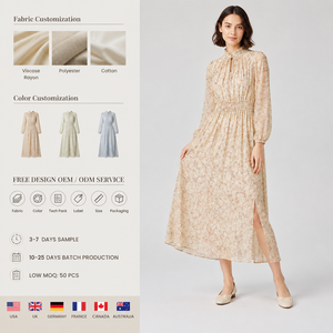 Abito midi da donna <span class=keywords><strong>con</strong></span> stampa floreale, collo alto, <span class=keywords><strong>maniche</strong></span> <span class=keywords><strong>lunghe</strong></span>, vita arricciata, <span class=keywords><strong>spacco</strong></span> laterale e dettaglio <span class=keywords><strong>con</strong></span> laccio al collo - Product Image 1