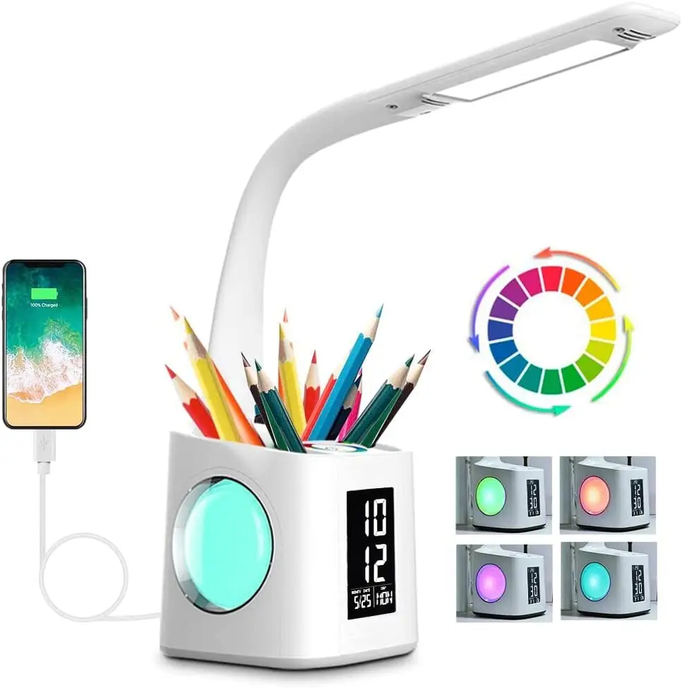 Dimmable Study LED Desk Lamp with USB Charging Port&Screen&Calendar&Color Night Light Pen Holder&Clock