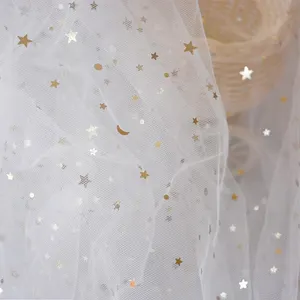 Bead Star And Moon Glitter Beige Tulle Fabric