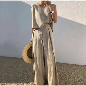 OEM Custom Korean Style New Products Cotton <strong>Hemp</strong> Linen <strong>Clothing</strong> for Women Set Two-piece Sleeveless Top Loose Wide Leg Pants - Product Image 2