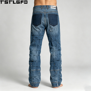 Jeans de mezclilla de corte recto para hombre, con pedrería de colores, efecto arrugado, estilo Y2K, venta al por mayor - Product Image 4