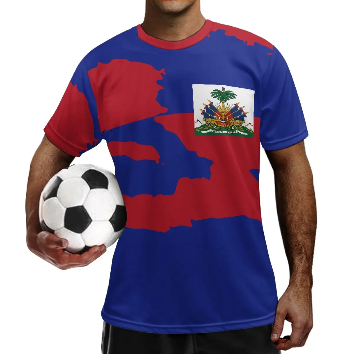 Camisa esportiva masculina com estampa de bandeira haitiana personalizada, uniforme de futebol com estampa sublimada sob demanda, camisa de futebol