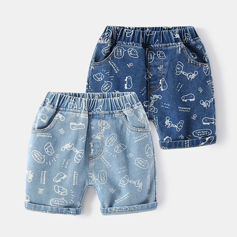 Kinder Baumwolle Denim Hosen Nette Cartoon Gedruckte Kordel zug Taille Kinder Jeans Shorts Großhandel Sommer Casual Pattern Mid