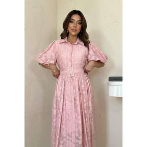 Pink Belted Balloon Sleeve <b>Dress</b> A-Line Chiffon Vintage Sheer Layer Square Collar Natural Waist <b>Prom</b> <b>Dress</b> - Product Image 3