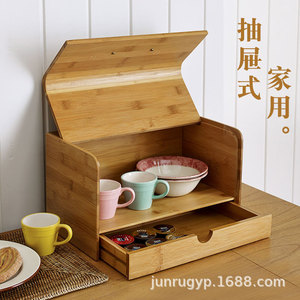 Bamboo Bread Storage Box With Lid And Drawer For <b>Kitchen</b> Desktop Organization Rectangle Shape Covered Design - Product Image 3