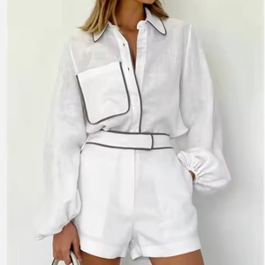 Conjunto Casual de Lino y Algodón para Mujer, Estilo Nuevo 2025, Camisa y Pantalones Cortos con Botones Decorativos, Uso Diario, Tela de Lona - Product Image 3