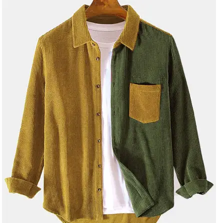 قميص رجالي جديد بأكمام طويلة كاجوال فضفاض بألوان متناسقة مناسب لفصل الخريف من قماش القردوري موديل 2024