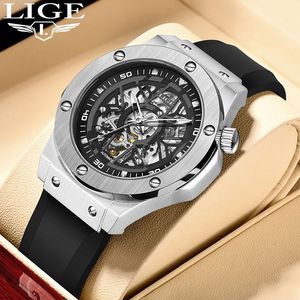 LIGE Men's <b>Automatic</b> Mechanical <b>Skeleton</b> <b>Watch</b> Stainless Steel Case 43mm Glass 20mm Luxury Silver Black Silicone Strap 30Bar - Product Image 1