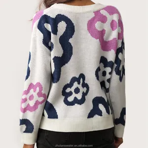 Pull à col rond en jacquard floral personnalisé pull décontracté à manches longues automne hiver hauts décontractés vêtements pour femmes