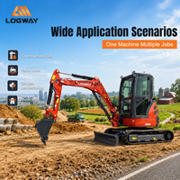 Mini-excavatrice LOGWAY en stock pour le travail de construction en flotte de loueurs, avec cabine fermée et chenilles durables