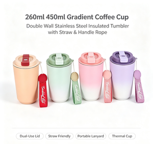 Gobelet isotherme dégradé en acier inoxydable à double paroi de 260 ml et 450 ml avec paille et corde de transport, tasse à double usage - Product Image 1
