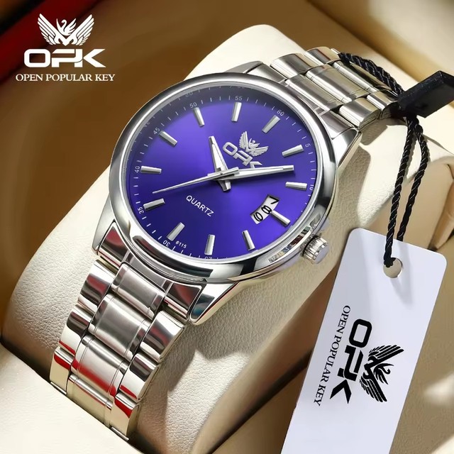 OPK6010 Men's Sport Quartz Watch with Steel Band Chain Calendar Display Luminous Waterproof Oval Case Waterproof Quartz Watch