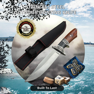 Couteau tactique d'extérieur à lame fixe en acier inoxydable avec manche en bois, couteau de chasse et de camping russe à bord dentelé et lame pointue – Nouveauté ! - Product Image 2