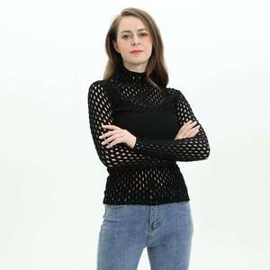 Tùy Chỉnh Thời Trang Phụ Nữ Áo Len Sexy Dài Tay Áo Màu Đen Lưới Hollow Đan Áo Len Sexy Mỏng Lưới Áo Len Phụ Nữ - Product Image 5