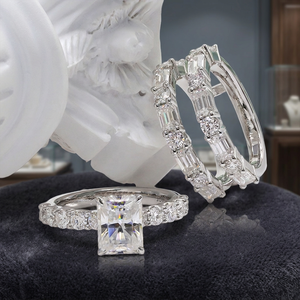 <b>Silver</b> <b>925</b> Moissanite Engagement Wedding <b>Ring</b> Set VVS1 3Ct Radiant Cut Prong Setting Rhodium/Gold Plated <b>Ring</b> with Enhancer - Product Image 3