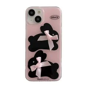 Casing ponsel Ins 3d pink busur kelinci, casing penutup belakang kelinci lucu imd silikon lembut untuk iphone 13 pro max 14 15 pro max 11 12pro max