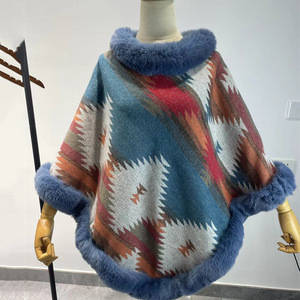 Hiver Femmes <span class=keywords><strong>Plaid</strong></span> Jacquard Oversized Wraps Coats Hoodie Faux Fur Collar Cape <span class=keywords><strong>Poncho</strong></span> Shawl - Product Image 2