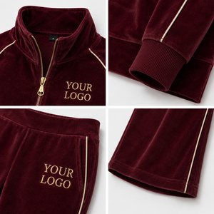 Ensemble de survêtement en velours brodé avec logo personnalisé pour femme, 2 pièces, veste courte zippée, pantalon évasé, vêtements de détente en velours doux - Product Image 2