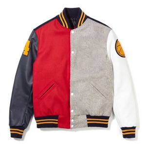 Veste universitaire personnalisée pour homme, bicolore, rouge et gris, avec manches en cuir PU, patch en chenille, col rabattu, style décontracté pour l'automne - Product Image 1