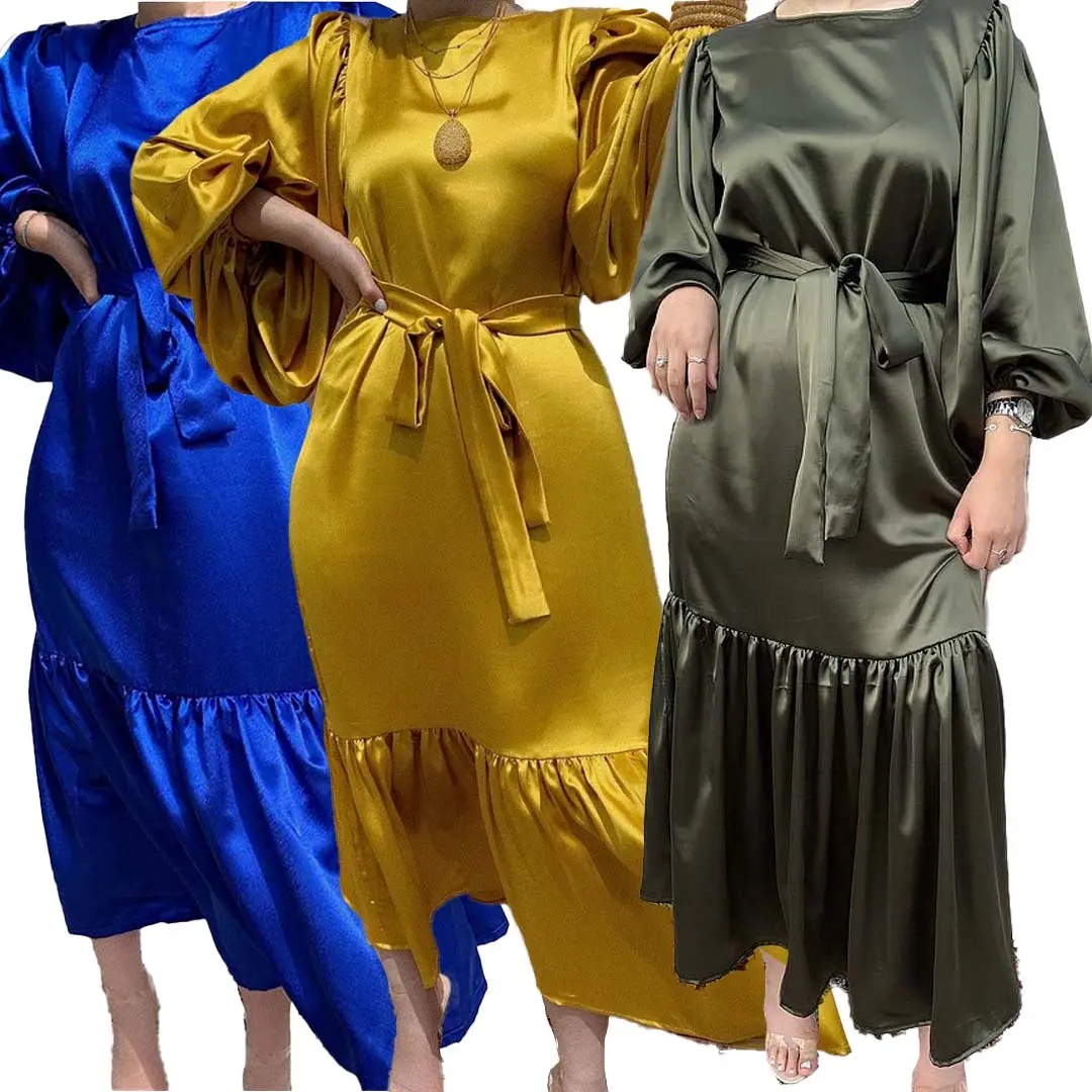 2022卸売ドバイトルコ高級無地パーティーイブニングフリルスリムアバヤパフスリーブサテンドレス女性イスラム教徒のドレスアバヤ
