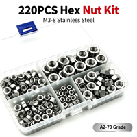 Kit d'assortiment d'écrous hexagonaux en acier inoxydable 304, 220 pièces, métriques M3 M4 M5 M6 M8, ensemble de fixations pour l'exploitation minière et la construction